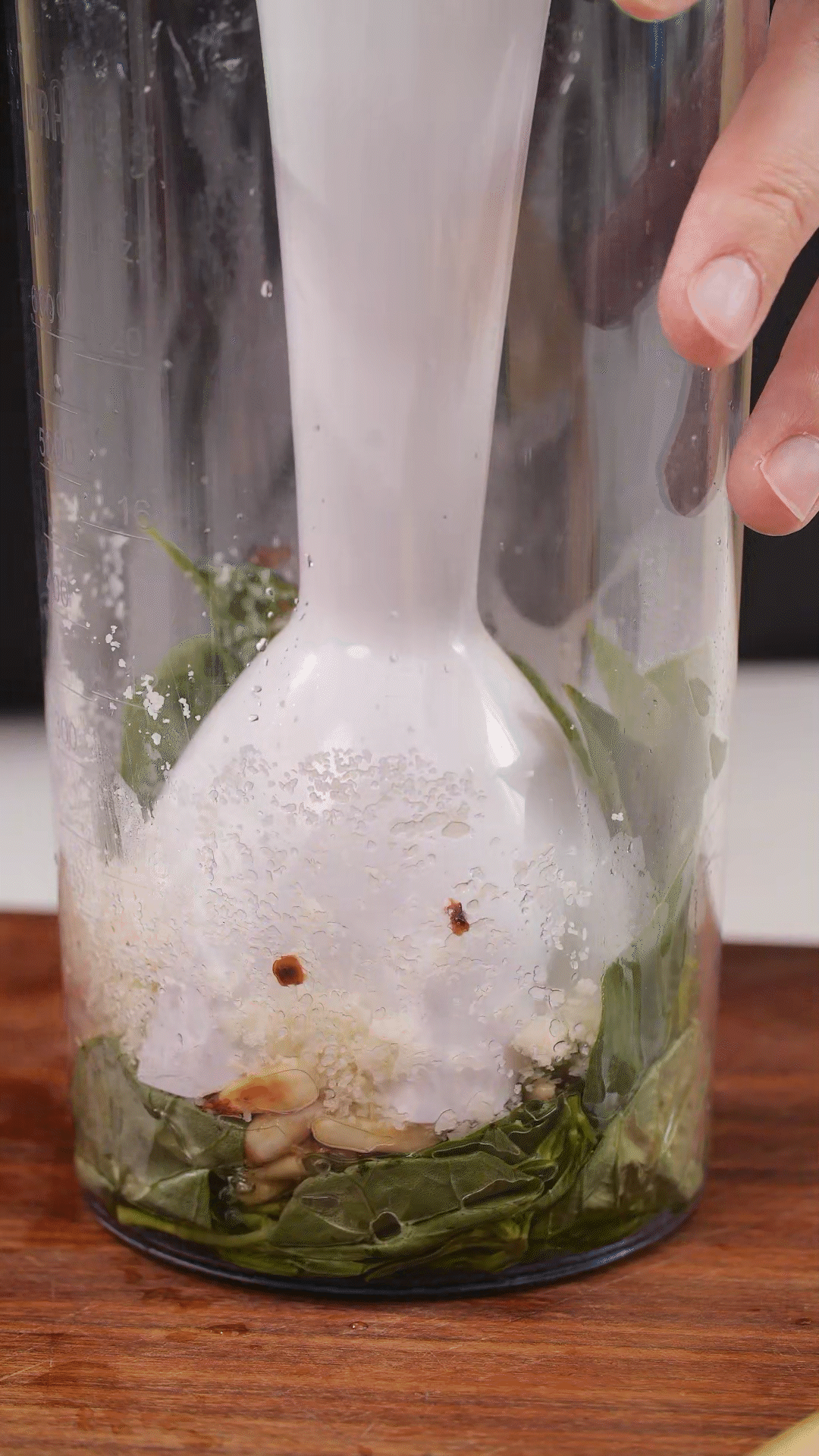 青醬制作：將羅勒去梗，只保留葉片，放入料理機(jī)
